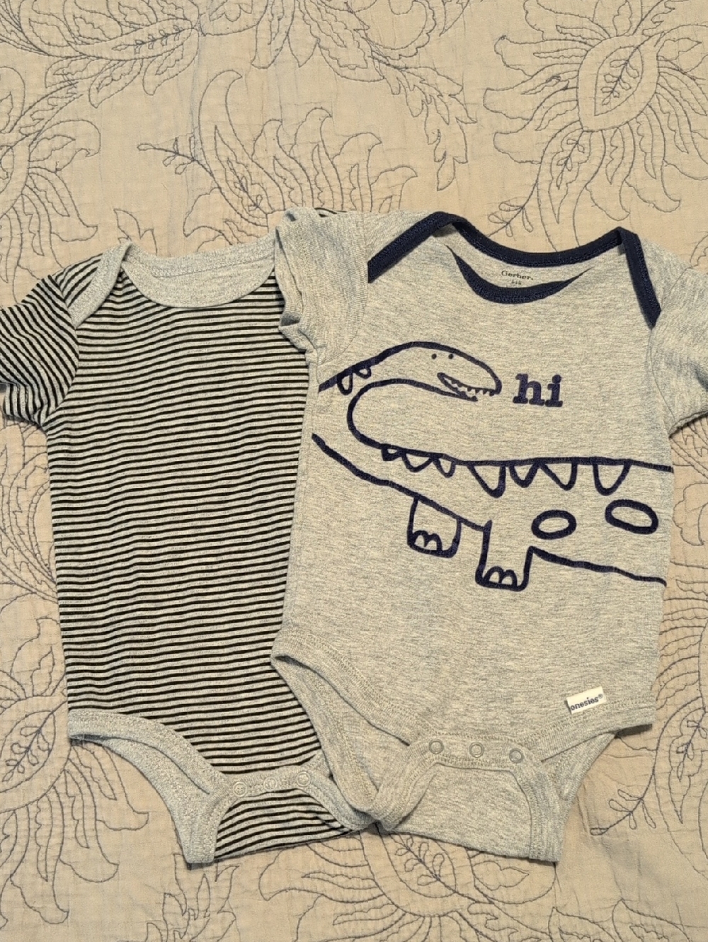 Gerber Gray and Navy Baby One-Piece Bodysuits - Dino & Stripe Set